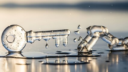 Glowing water droplets on metallic key and chain