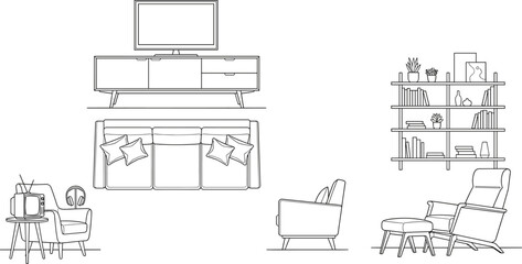 Modern living room furniture line art illustration, sofa, armchair, bookshelf, TV cabinet, interior design layout, minimal home decor, outline vector style