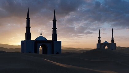 Desert Sunset Silhouette of Mosques and Minarets in Sand Dunes Symbolic Scene for Ramadan and Islamic Culture