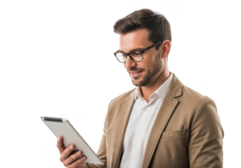 Man in glasses and blazer holding tablet isolated on transparent background