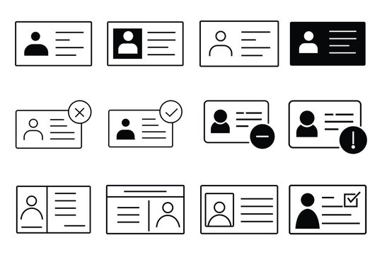 Identity card icon. Identity card verification icon. Pass card sign collection. Id pass icon. Stock vector. Flat style.  Vector illustration