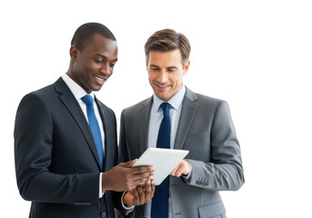 Two businessmen reviewing a document isolated on transparent background