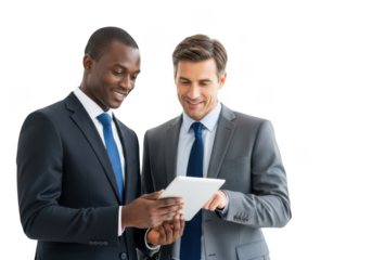Two businessmen reviewing a document isolated on transparent background