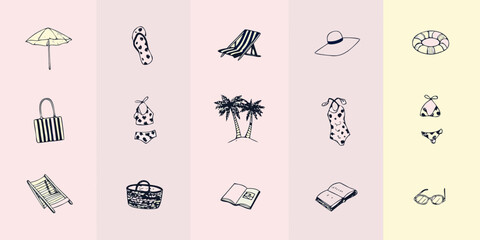 Summer vacation essentials A collection of beach items in a minimalist style