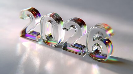 Shiny 2026 glass numbers on reflective surface