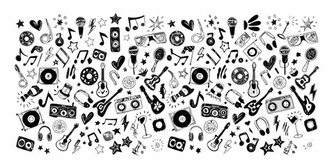 Obraz premium A playful collection of music themed doodles and icons in black and white