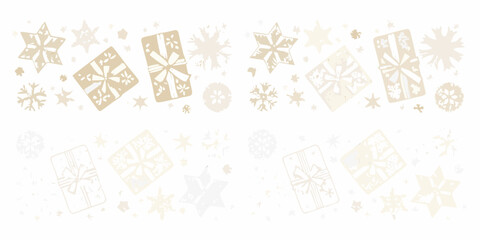 Golden christmas gifts and snowflakes scattered on a soft white background