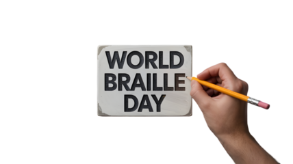 Hand Holding Pencil Pointing to World Braille Day Sign on White Background Isolated on Transparent Background