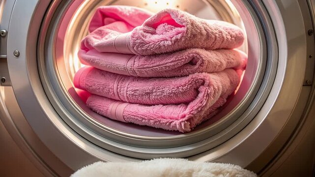 ピンク色のタオルが洗濯機に収まり家庭的で温かな生活感を演出