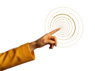 Hand with Index Finger Pointing at Concentric Golden Circles on White Background Isolated on Transparent Background