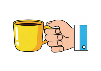 Hand holding a yellow coffee mug isolated on transparent background