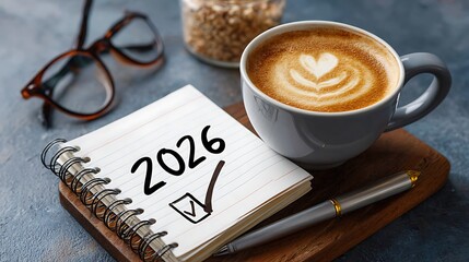 New year planning with coffee and notebook on wooden board