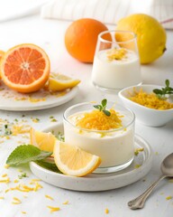 Citrus Milk Refresh with Orange and Lemon Zest: A refreshing citrus-infused milk dish highlighted with orange and lemon zest, bright white background, clean modern styling, fresh and energetic mood.