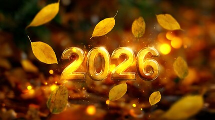 Golden 2026 new year celebration with falling leaves