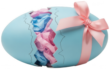 Large blue cracked easter egg gift wrapped with pink ribbon and filled with colorful pink and blue crumpled tissue paper