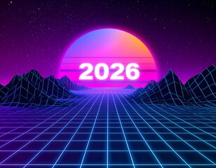 Retro-style digital art scene of 2026, featuring a sunset, grids, and mountains
