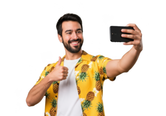 Man in hawaiian shirt taking a selfie with thumbs up isolated on transparent background