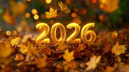 Golden 2026 surrounded by vibrant autumn leaves and bokeh lights