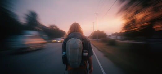 Backpacker walking road at sunset journeying toward destination. Backpacker walking on a road at sunset, motion blur suggesting movement and travel