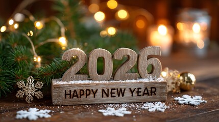 Cozy New Year's Eve setup with wooden 2026 decoration and festive lights