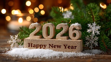 Cozy winter scene with wooden 2026 Happy New Year sign and snow
