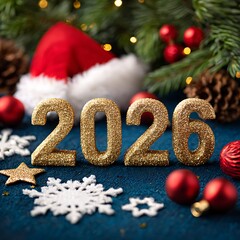 Glittering gold 2026 numbers amidst festive Christmas decorations
