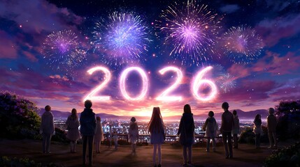 People celebrating new year with fireworks display over cityscape