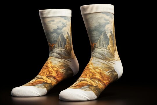 White socks showing michelangelo's the fall of man from the sistine chapel ceiling fresco displayed on a dark background