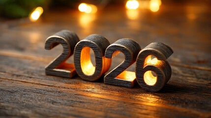 Wooden 2026 New Year decoration with warm glowing lights on table