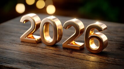 Golden 2026 numbers on wooden table with bokeh lights