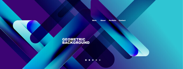 Abstract geometric design. Blue, purple gradients create dynamic layers. Text includes work, about, portfolio, contact. Modern aesthetic.