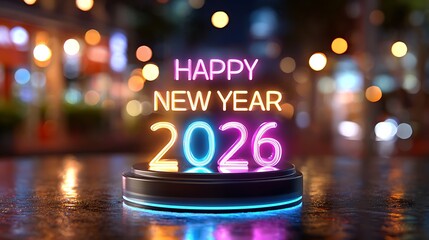 Happy New Year 2026 neon sign on modern podium