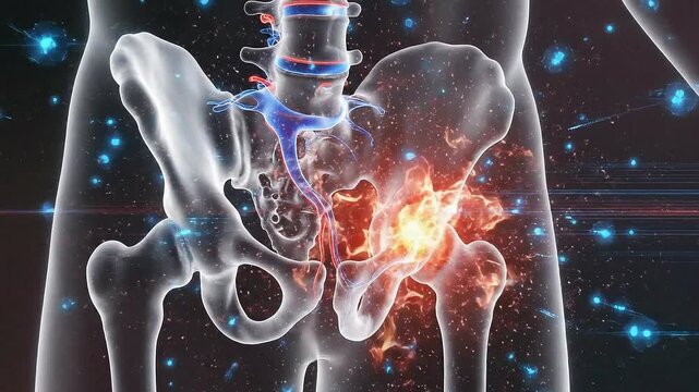 Animated Pelvic Bone Inflammation on Dark Background Visualization of Hip Pain Skeletal Anatomy Educational Medical