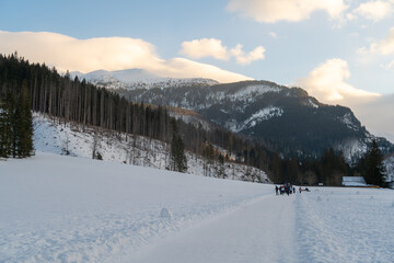 Winter Mountain Landscape with Snowy Valley and Tourists