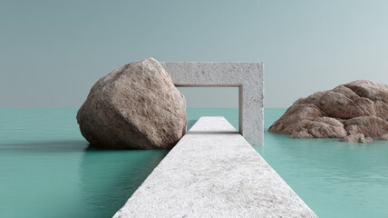 Minimalist scene with rocks and pathway over ocean.