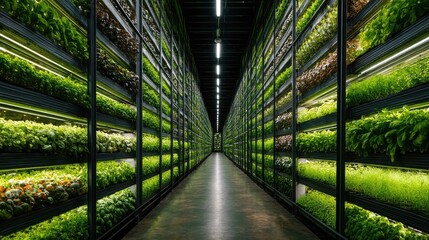 Indoor vertical farm with lush green plants and vibrant vegetables in a modern agricultural setting