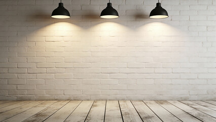 Empty room with white brick wall, wooden floor, and three hanging pendant lights