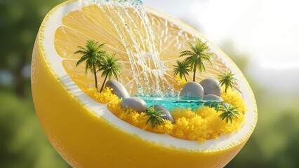 A serene tropical paradise inside a halved fruit, surrounded by lush greenery and a cascading waterfall