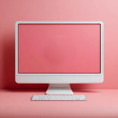 White computer monitor on pink background with keyboard.