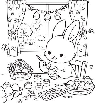 Black and white Easter coloring page with a cute baby bunny painting Easter eggs while sitting at a table. Perfect for kids coloring books, Easter activities, spring crafts and printable designs.