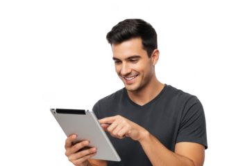 Man smiling while using a tablet computer isolated on transparent background