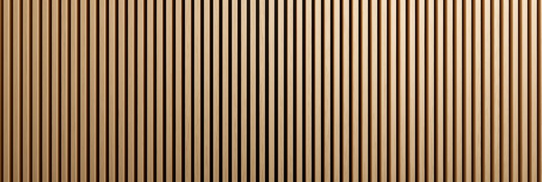 Wooden slatted wall acoustic panel background texture. Vertical wooden slats creating a minimalistic decorative and soundproofing wall panel