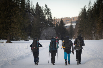 Group of Winter Hikers with Heavy Backpacks Walking Along Snowy Mountain Trail