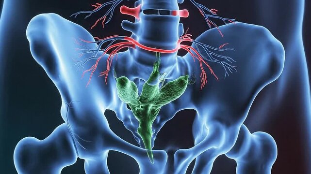 Animated X-Ray View of Human Pelvis and Spine Highlighting Vertebrae Red Arteries on Dark Background for Educational