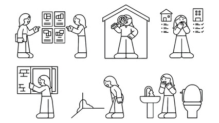 A person is shown in various situations related to housing and living.