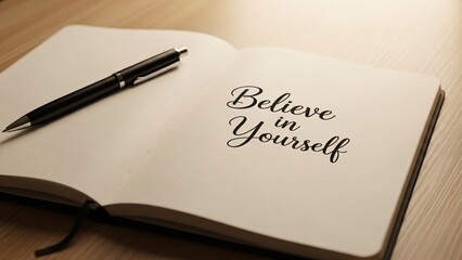 Photo of an open notebook and pen with inspiring handwritten quote Believe in Yourself, on a clean desktop background, warm lighting.