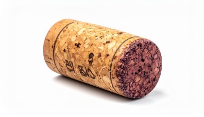 Cylindrical natural cork wine stopper lying horizontally with reddish-purple stain on one end, white background.