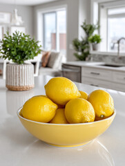 A bowl of fresh lemons on a modern kitchen countertop.