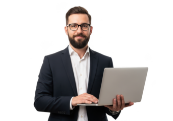 Man in suit holding laptop isolated on transparent background