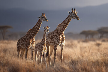 Obraz premium Giraffe family standing in dry grassland with soft light and distant trees in natural habitat, showing calm and majestic wild animal behavior